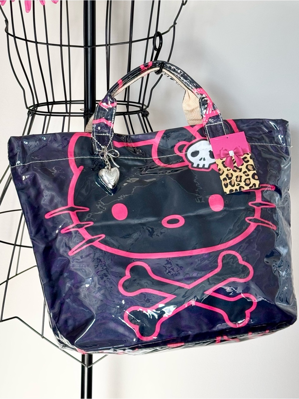 New Gothic Hello Kitty Pink & Purple Skull PVC Handbag Purse Tote Bag 17” x 12”